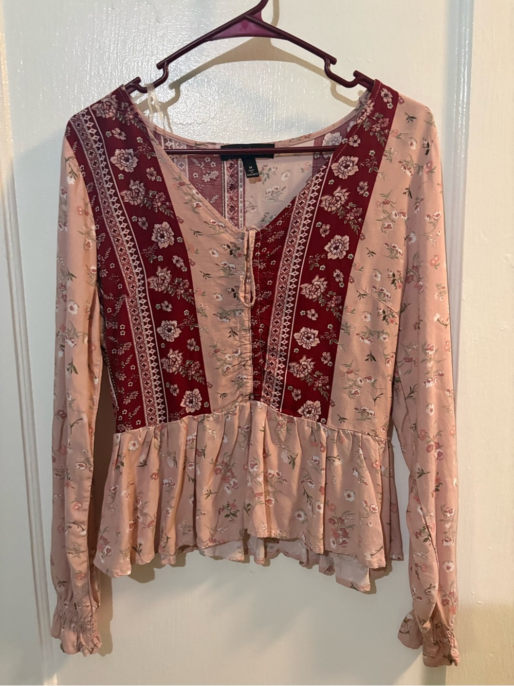 Derek Heart Pink & Burgundy Floral Peplum Blouse